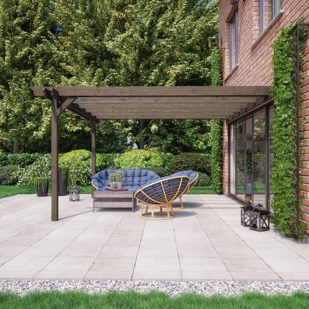 Wall Mounted Double Garden Pergola - Rustic Brown - 1.8m Depth x 4.2m Length