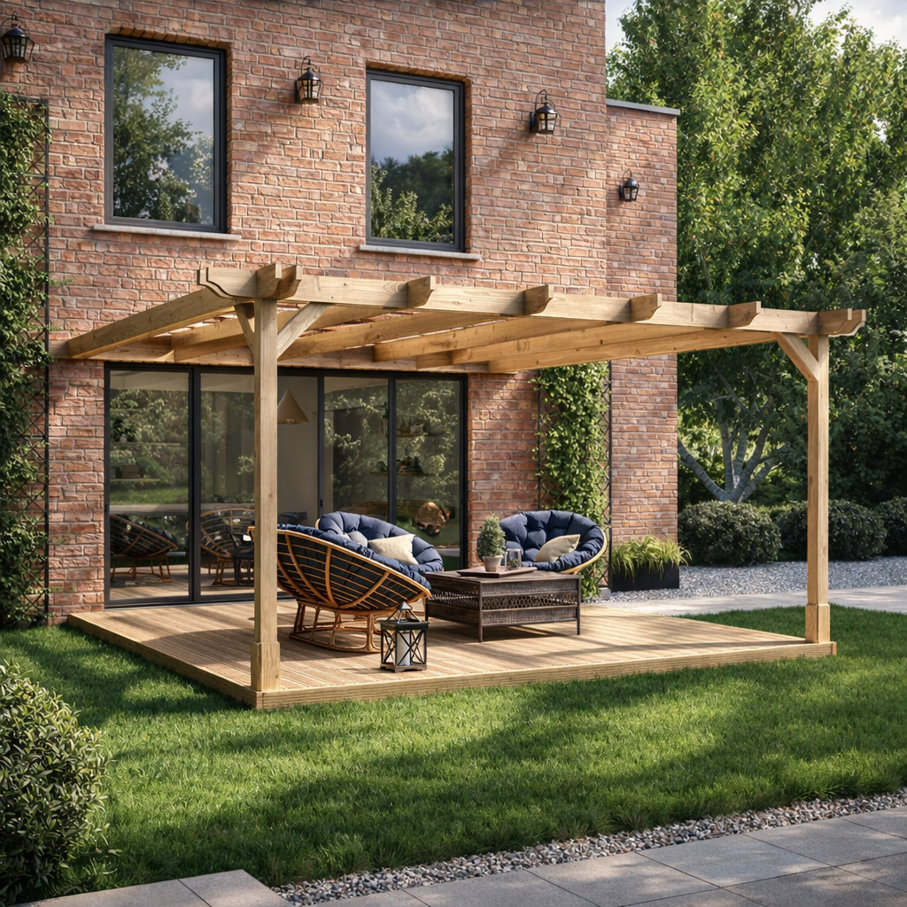 Wall Mounted Double Premium Pergola with Decking - Light Green - 4.8m Depth x 4.8m Length
