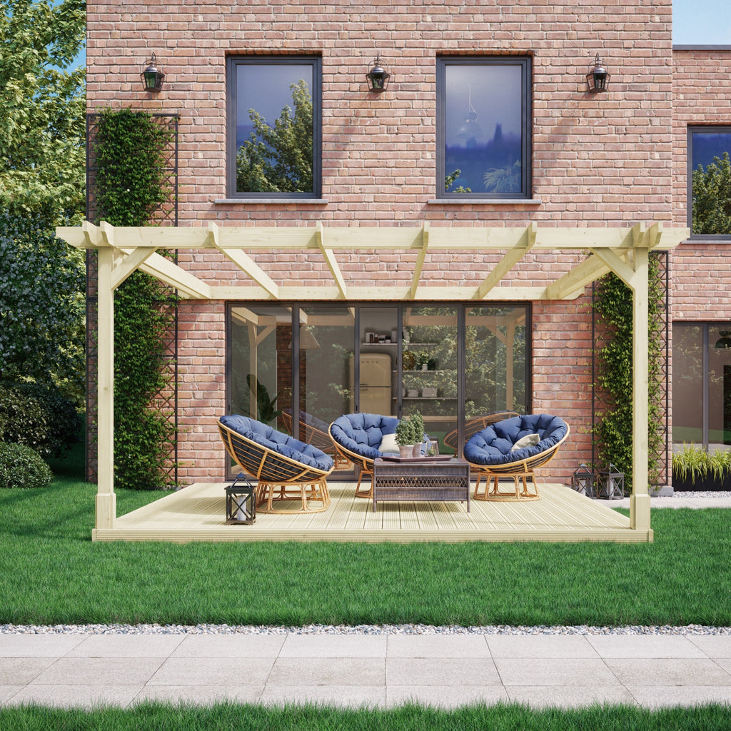 Wall Mounted Double Premium Pergola with Decking - Light Green - 3.6m Depth x 3.6m Length