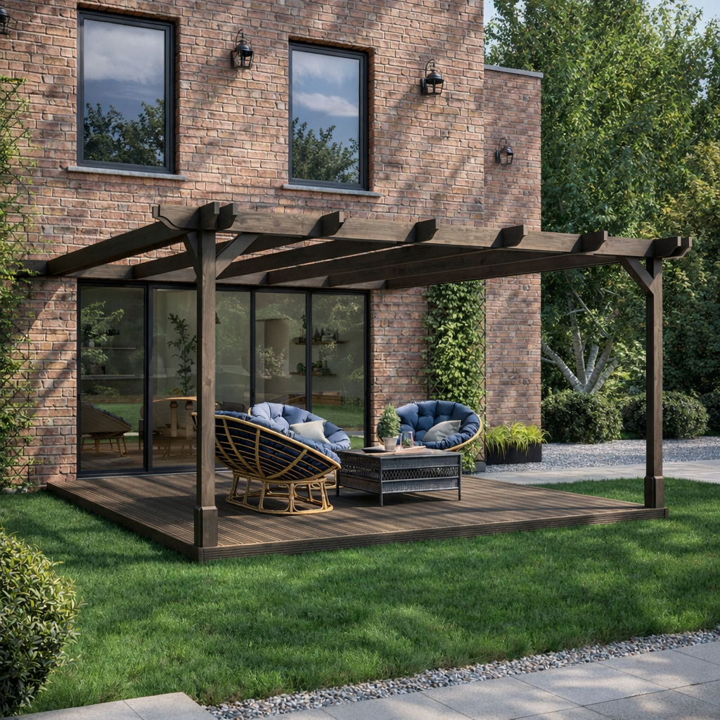Wall Mounted Double Premium Pergola with Decking - Rustic Brown - 3.6m Depth x 3.6m Length