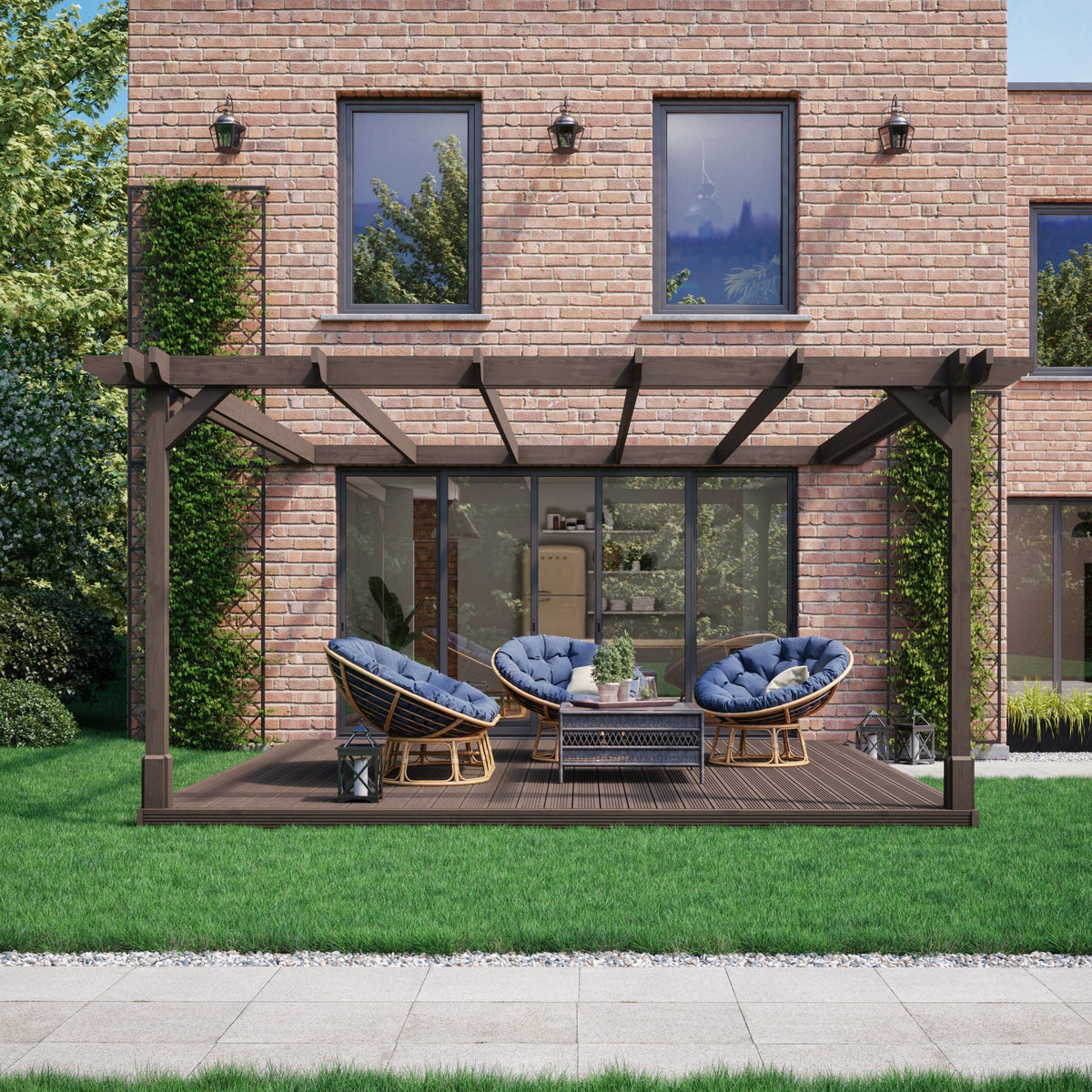 Wall Mounted Double Premium Pergola with Decking - Rustic Brown - 4.8m Depth x 4.8m Length