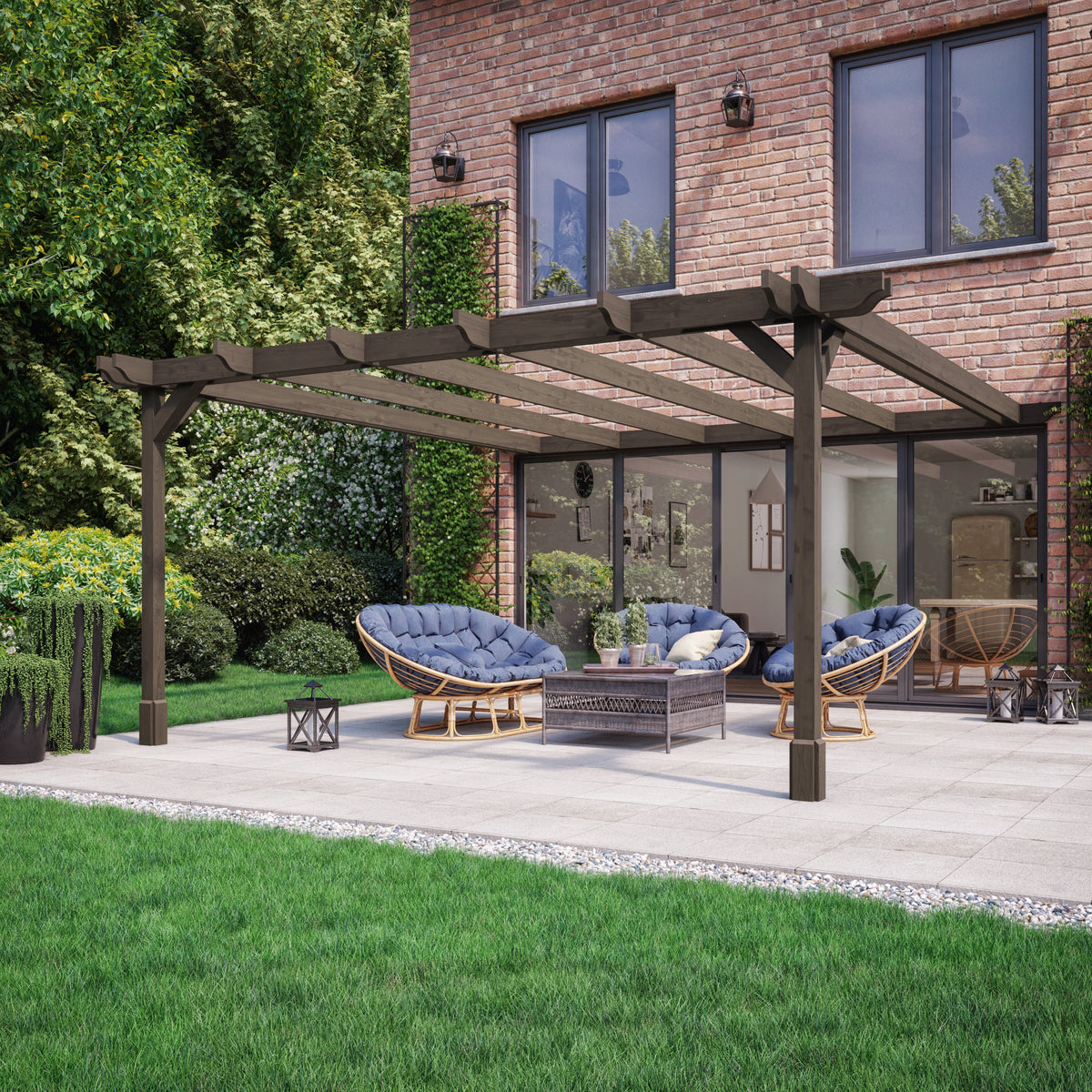 Wall Mounted Double Premium Pergola - Rustic Brown - 4.8m Depth x 4.8m Length