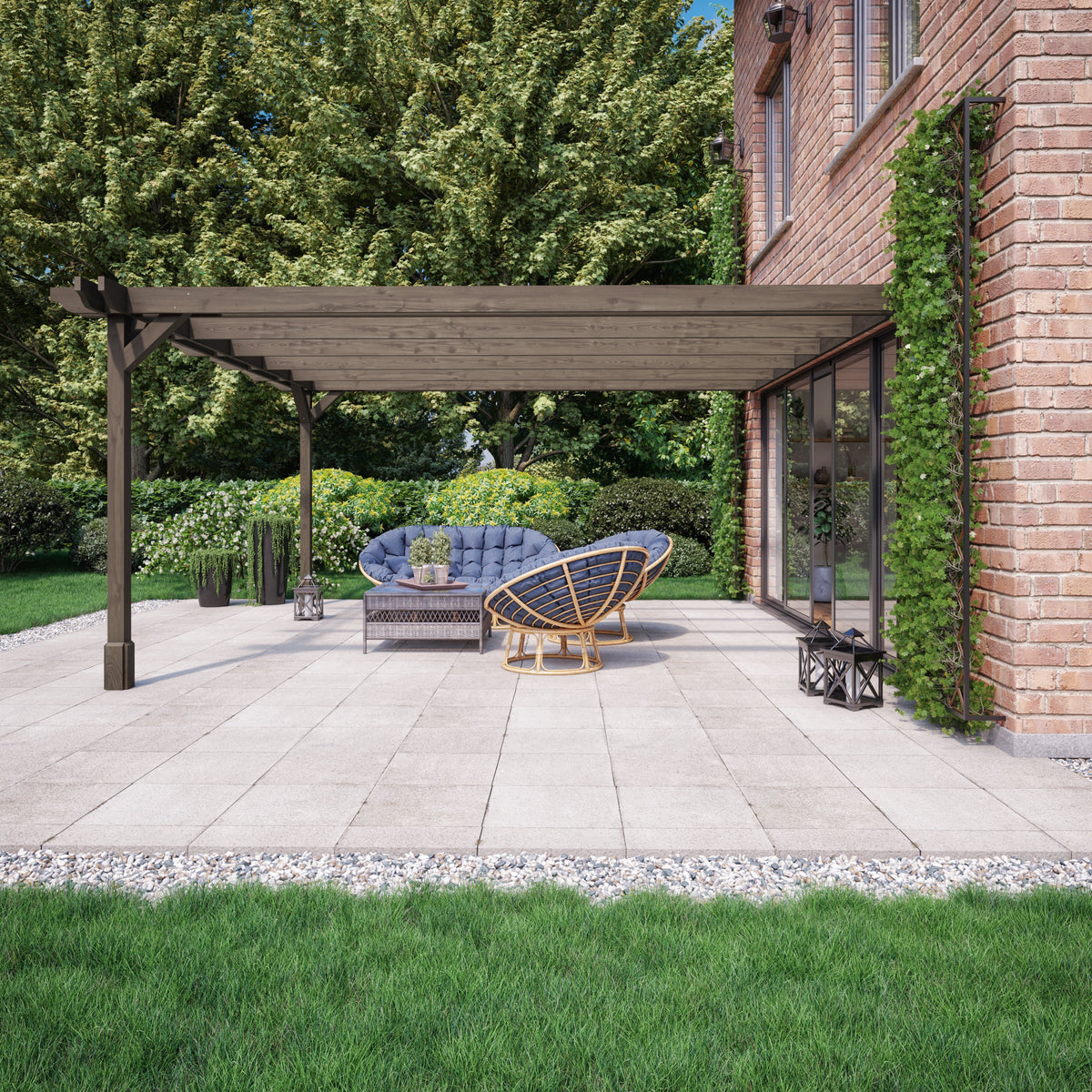 Wall Mounted Double Premium Pergola - Rustic Brown - 3m Depth x 7.2m Length