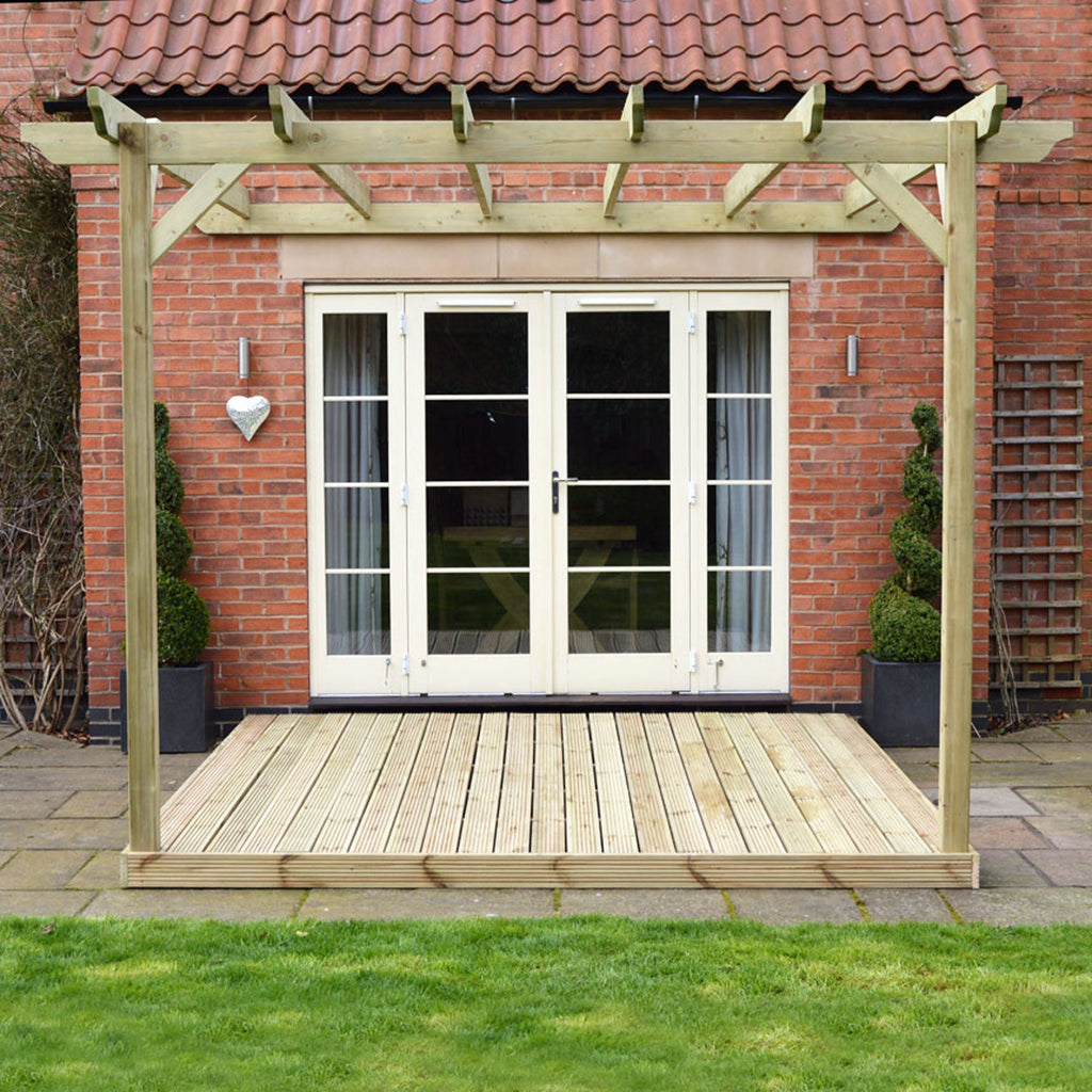Wall Mounted Garden Pergola with Decking - Light Green - 4.8m Depth x 4.8m Length
