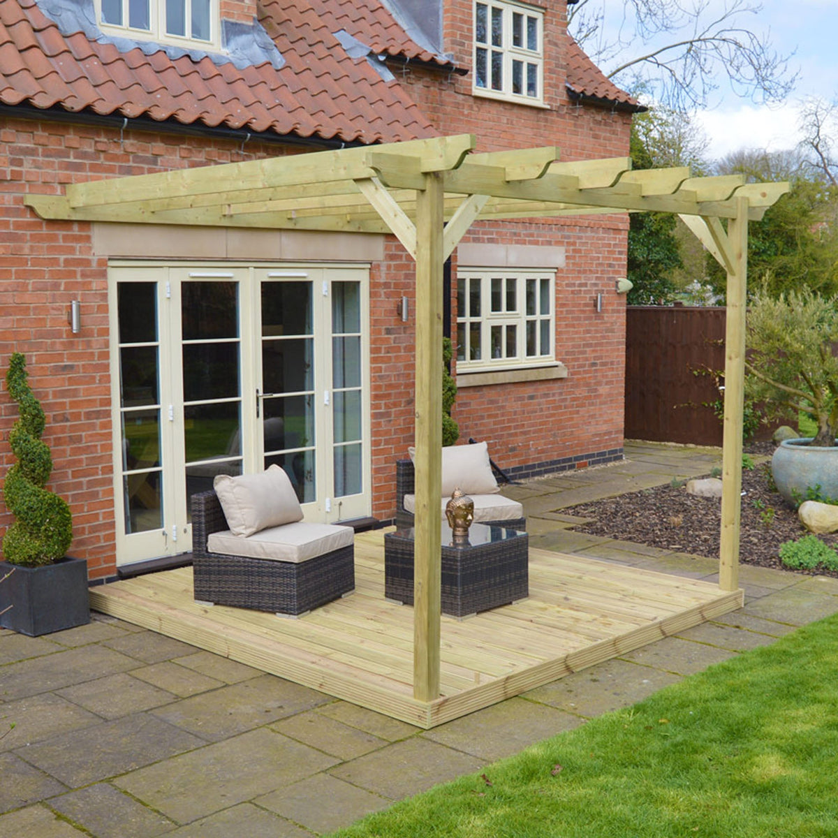 Wall Mounted Garden Pergola with Decking - Light Green - 2.4m Depth x 2.4m Length