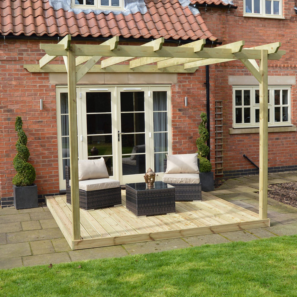 Wall Mounted Garden Pergola with Decking - Light Green - 3.6m Depth x 3.6m Length