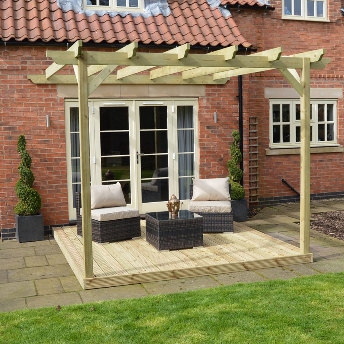 Wall Mounted Garden Pergola with Decking - Light Green - 4.8m Depth x 4.8m Length