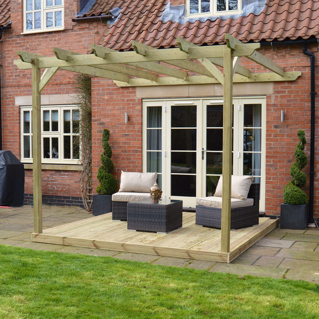 Wall Mounted Garden Pergola with Decking - Light Green - 3m Depth x 3m Length