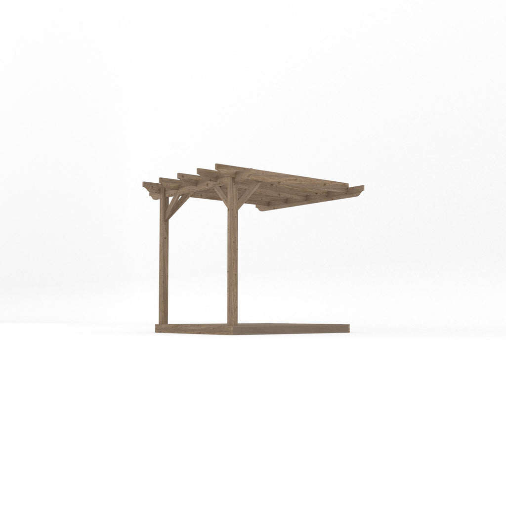 Wall Mounted Garden Pergola with Decking - Rustic Brown - 2.4m Depth x 2.4m Length