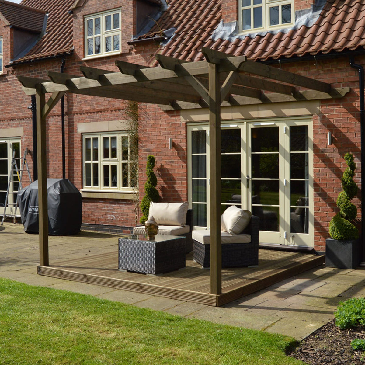 Wall Mounted Garden Pergola with Decking - Rustic Brown - 3m Depth x 3m Length