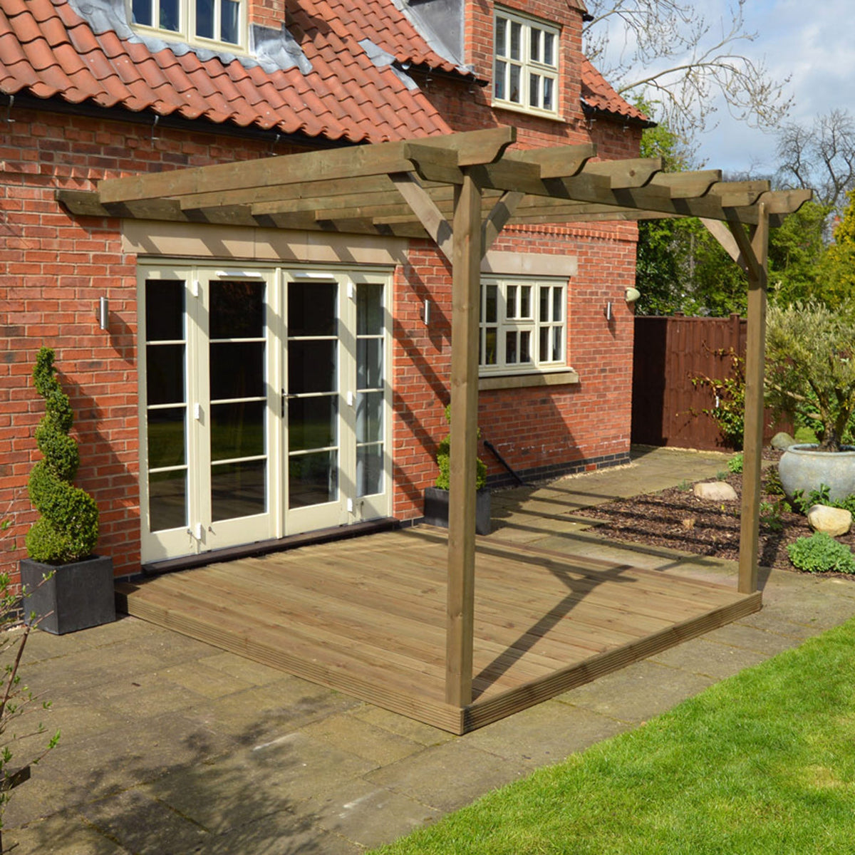 Wall Mounted Garden Pergola with Decking - Rustic Brown - 3m Depth x 3m Length
