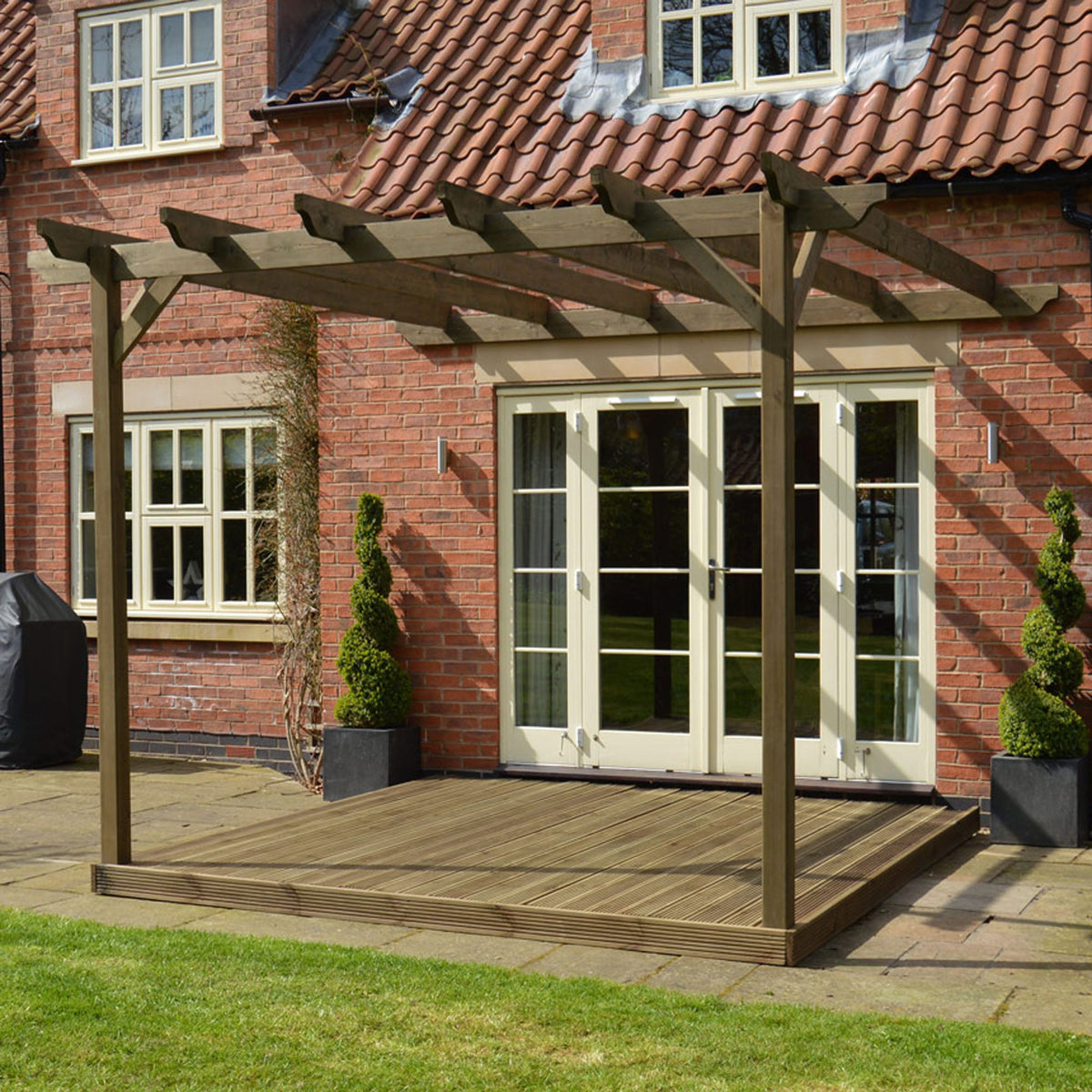 Wall Mounted Garden Pergola with Decking - Rustic Brown - 3m Depth x 3m Length