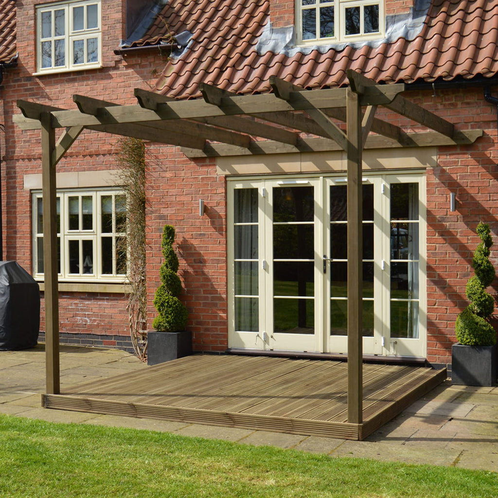 Wall Mounted Garden Pergola with Decking - Rustic Brown - 2.4m Depth x 2.4m Length