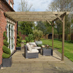 Wall Mounted Garden Pergola with Decking - Rustic Brown - 3.6m Depth x 3.6m Length