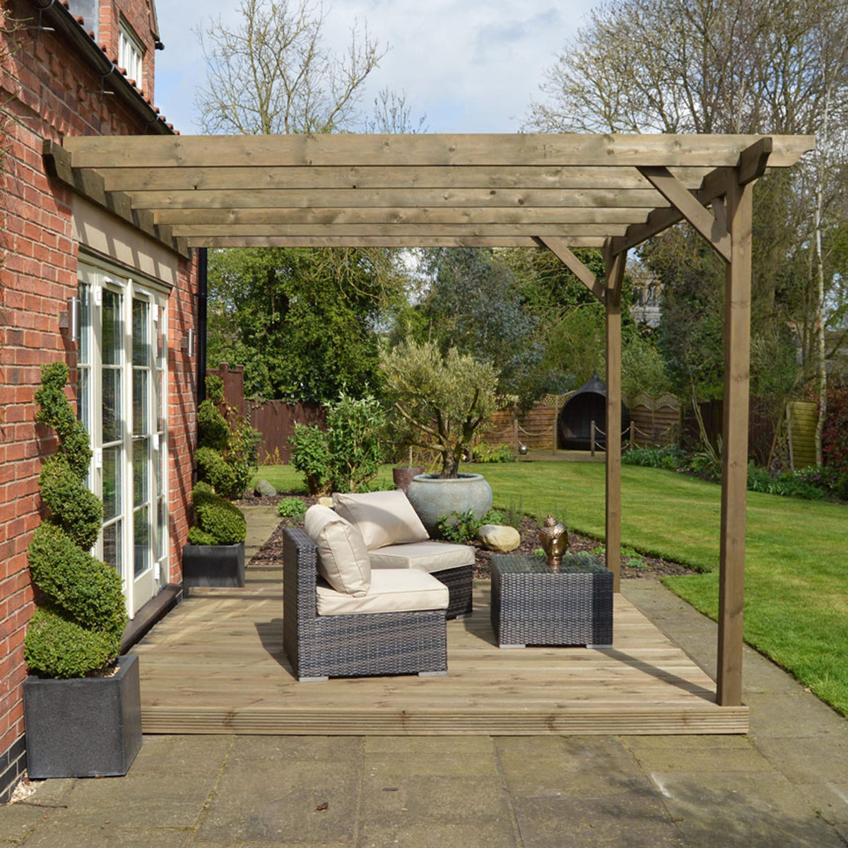 Wall Mounted Garden Pergola with Decking - Rustic Brown - 3m Depth x 3m Length