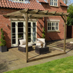 Wall Mounted Garden Pergola with Decking - Rustic Brown - 2.4m Depth x 2.4m Length
