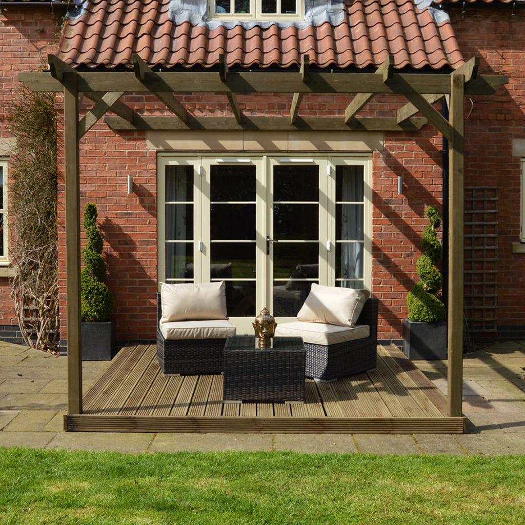 Wall Mounted Garden Pergola with Decking - Rustic Brown - 3m Depth x 3m Length