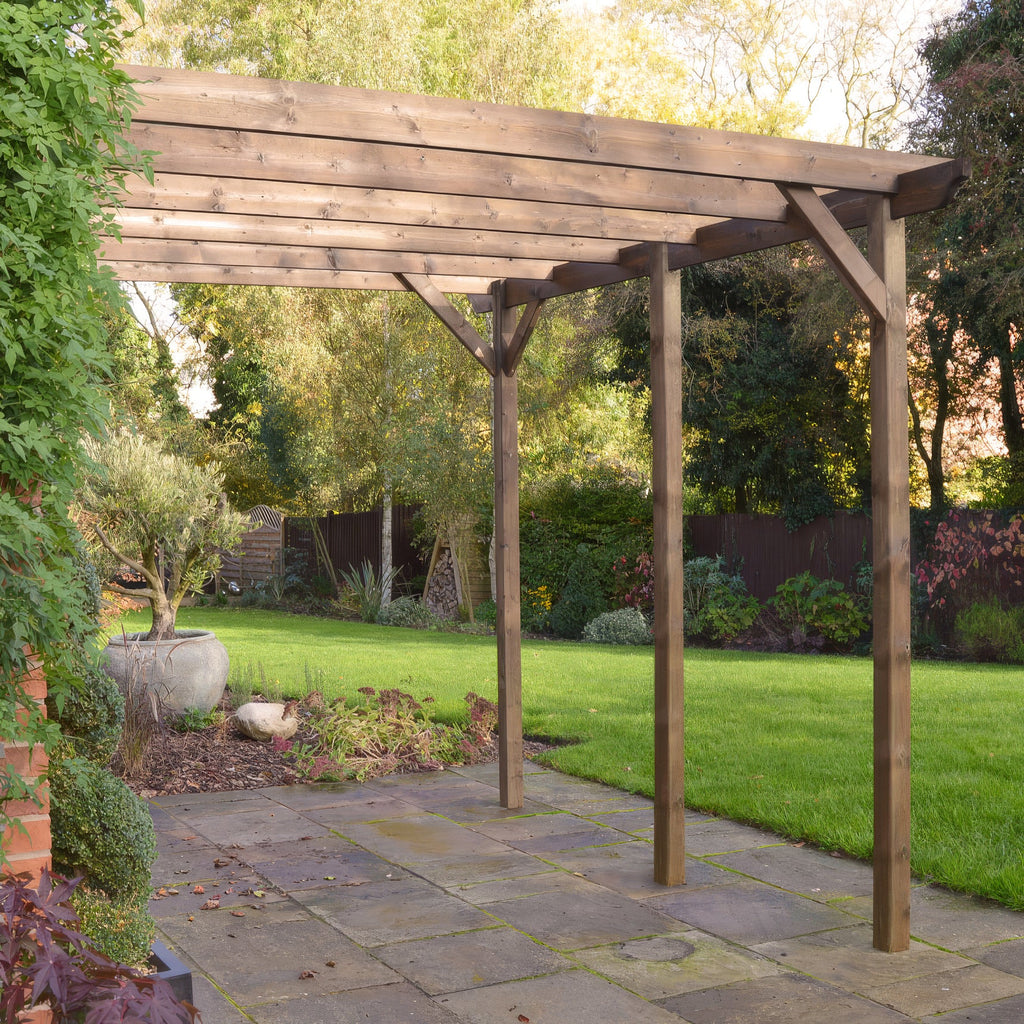Wall Mounted Garden Pergola - Rustic Brown - 4.8m Depth x 7.2m Length