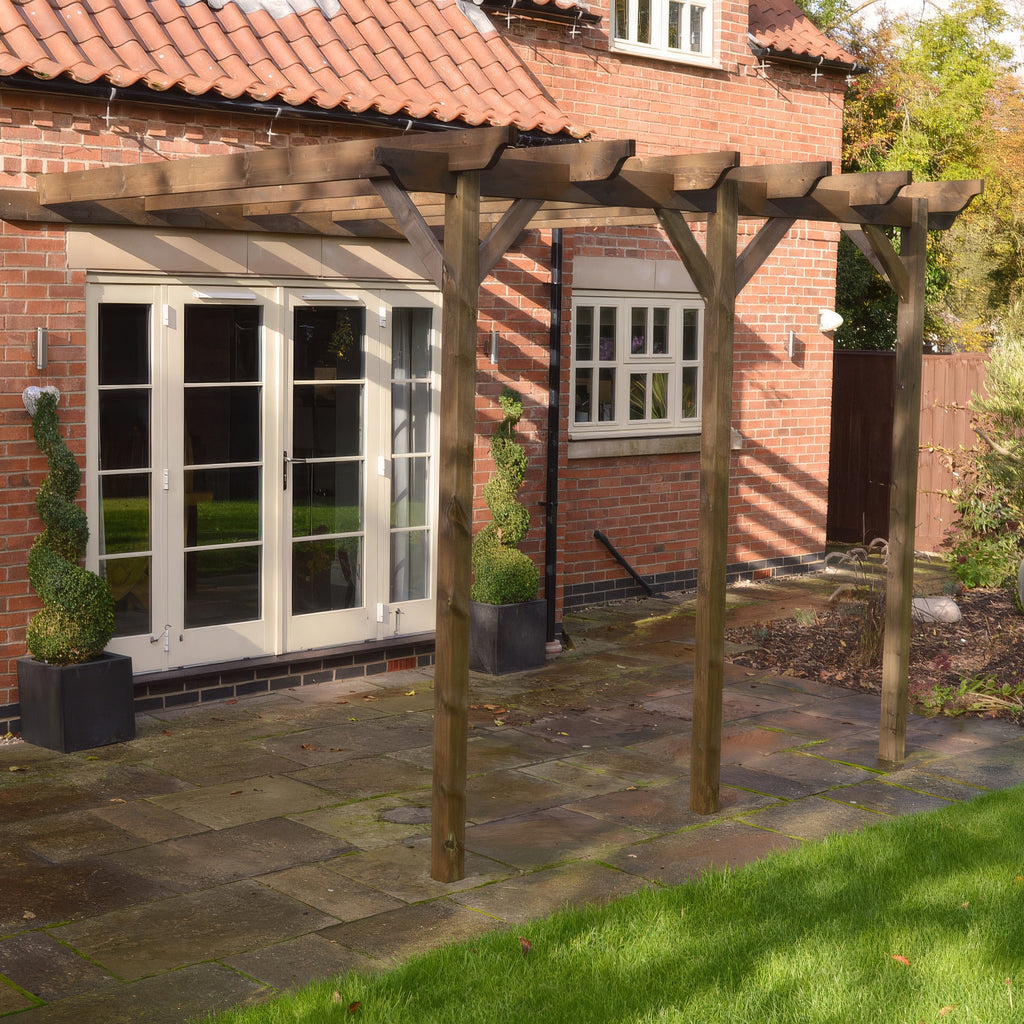 Wall Mounted Garden Pergola - Rustic Brown - 3m Depth x 7.8m Length