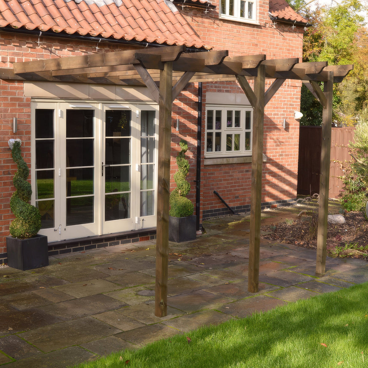 Wall Mounted Garden Pergola - Rustic Brown - 3.6m Depth x 7.8m Length