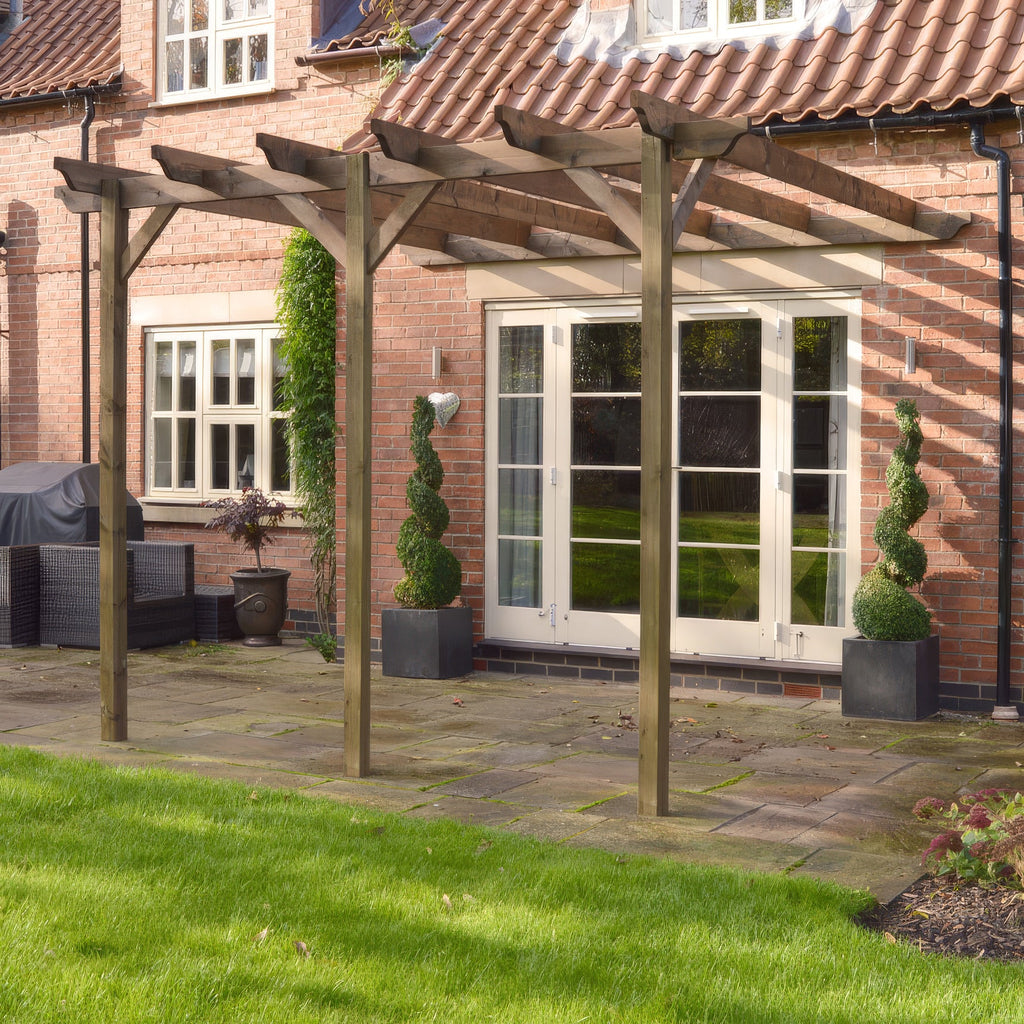 Wall Mounted Garden Pergola - Rustic Brown - 3m Depth x 4.2m Length