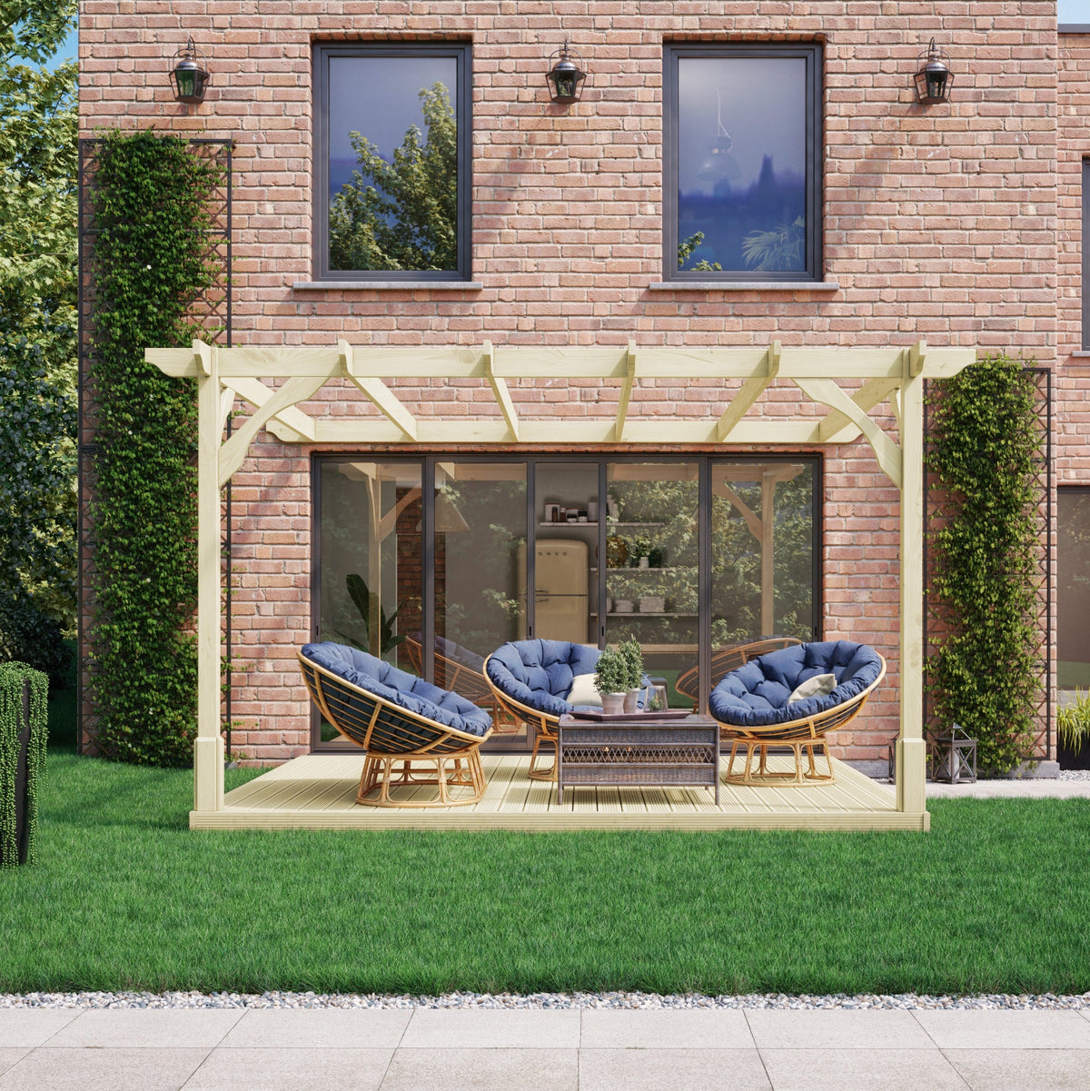 Wall Mounted Premium Pergola with Decking - Light Green - 4.2m Depth x 4.2m Length