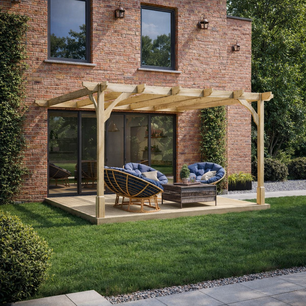 Wall Mounted Premium Pergola with Decking - Light Green - 4.2m Depth x 4.2m Length