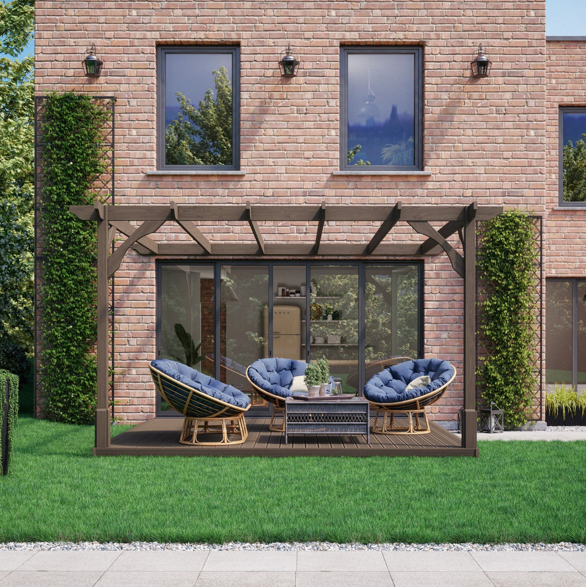 Wall Mounted Premium Pergola with Decking - Rustic Brown - 4.2m Depth x 4.2m Length