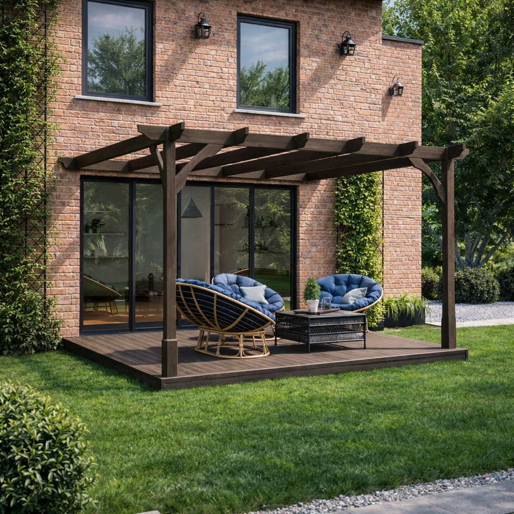 Wall Mounted Premium Pergola with Decking - Rustic Brown - 4.8m Depth x 4.8m Length