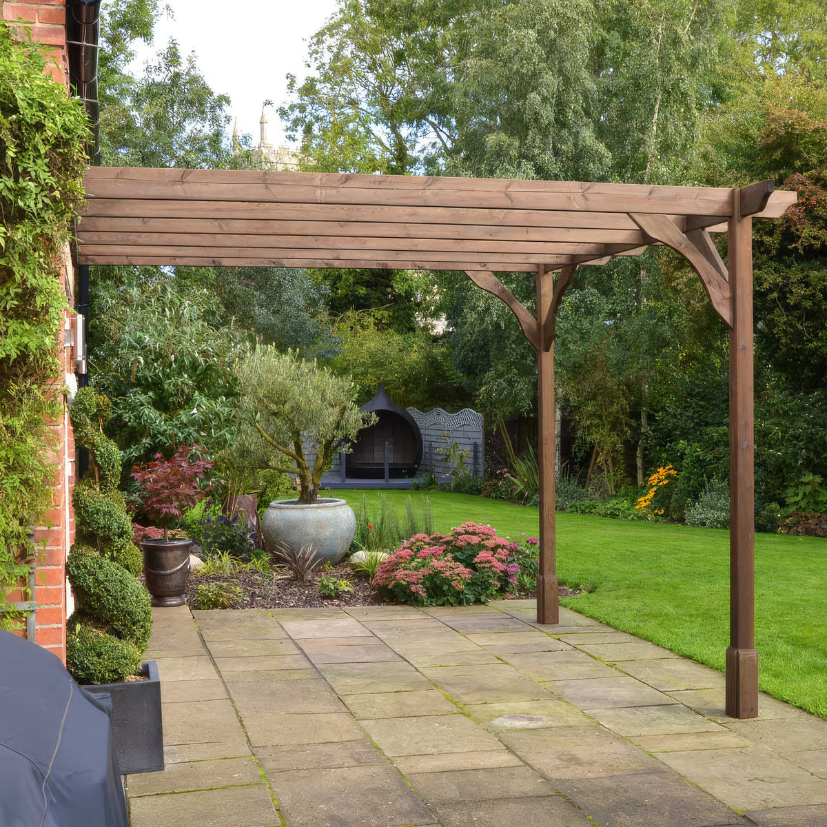 Wall Mounted Premium Pergola - Rustic Brown - 2.4m Depth x 3m Length