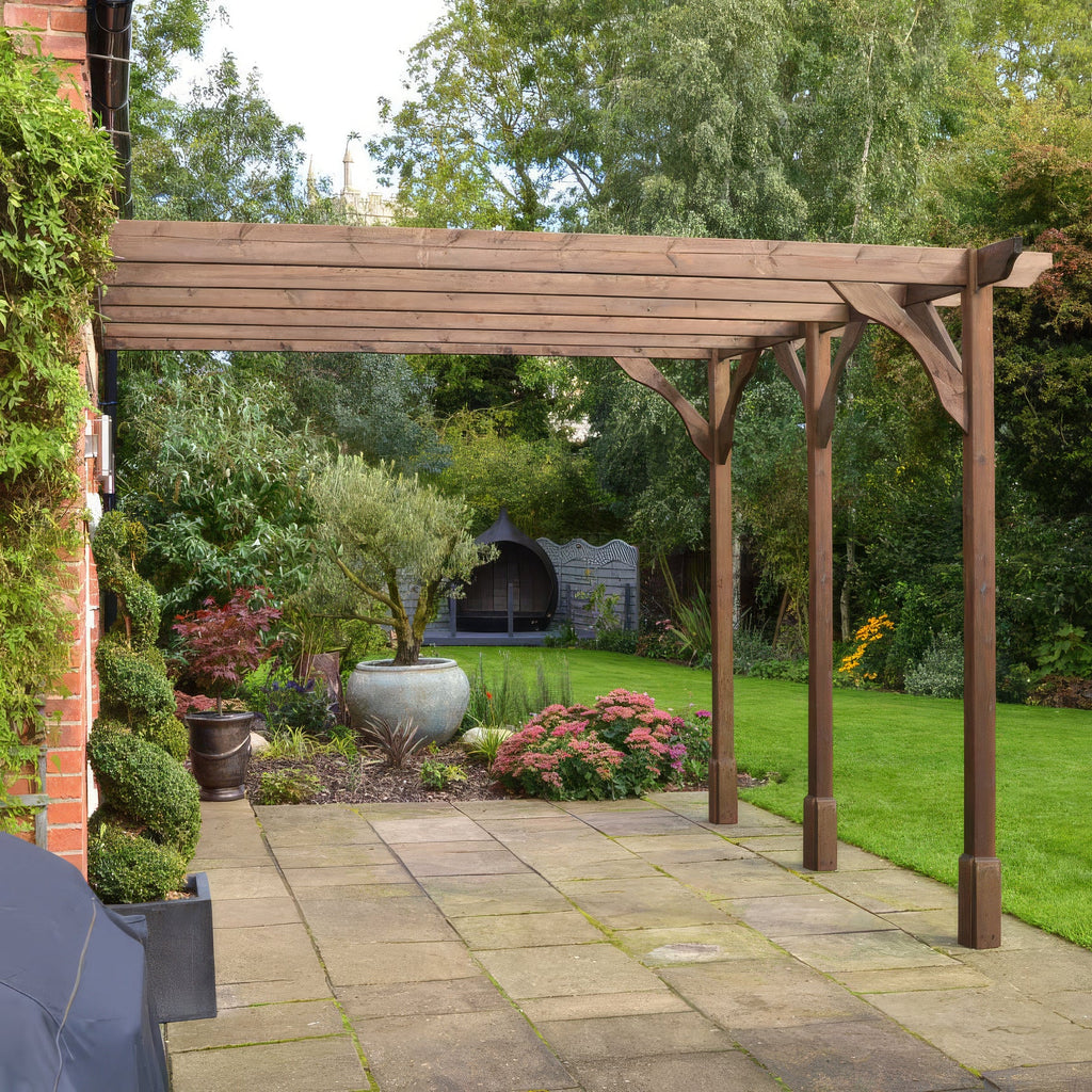 Wall Mounted Premium Pergola - Rustic Brown - 3m Depth x 4.2m Length