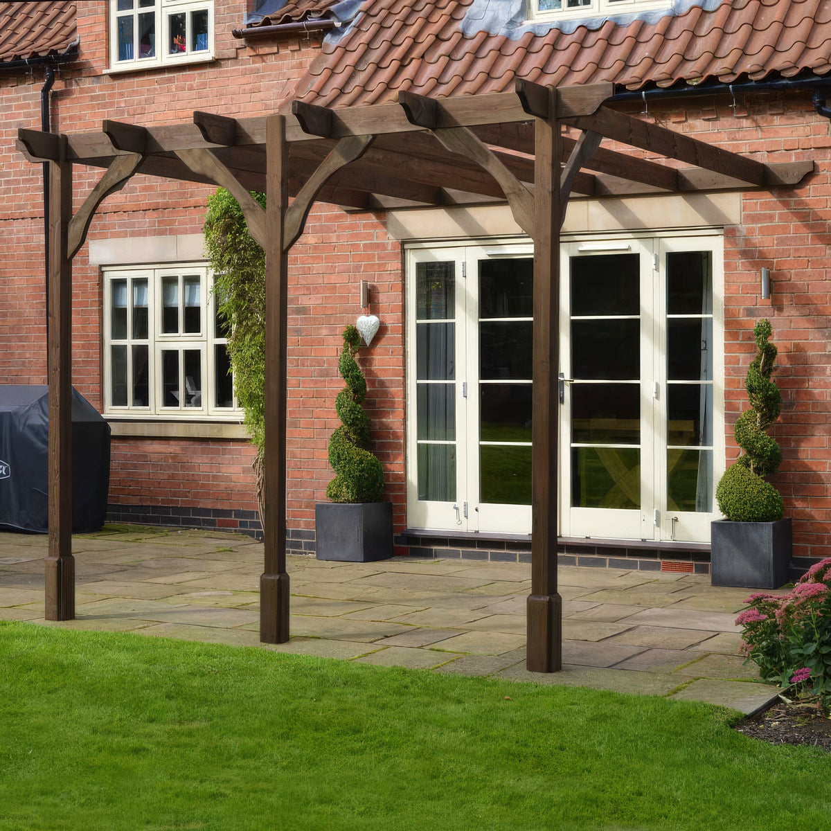 Wall Mounted Premium Pergola - Rustic Brown - 3.6m Depth x 4.2m Length