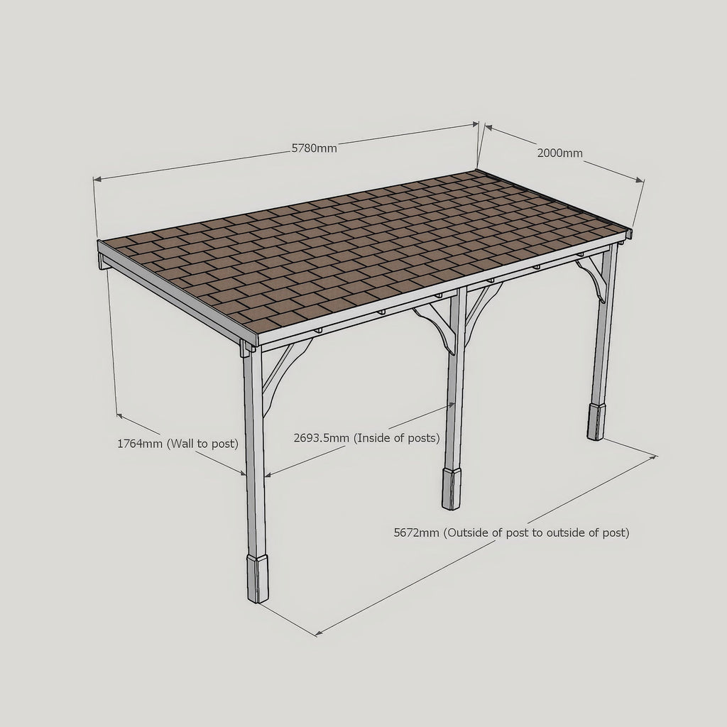 Wall Mounted Felt Shingle Roof Carport - Rustic Brown - 2m Depth x 5.78m Width