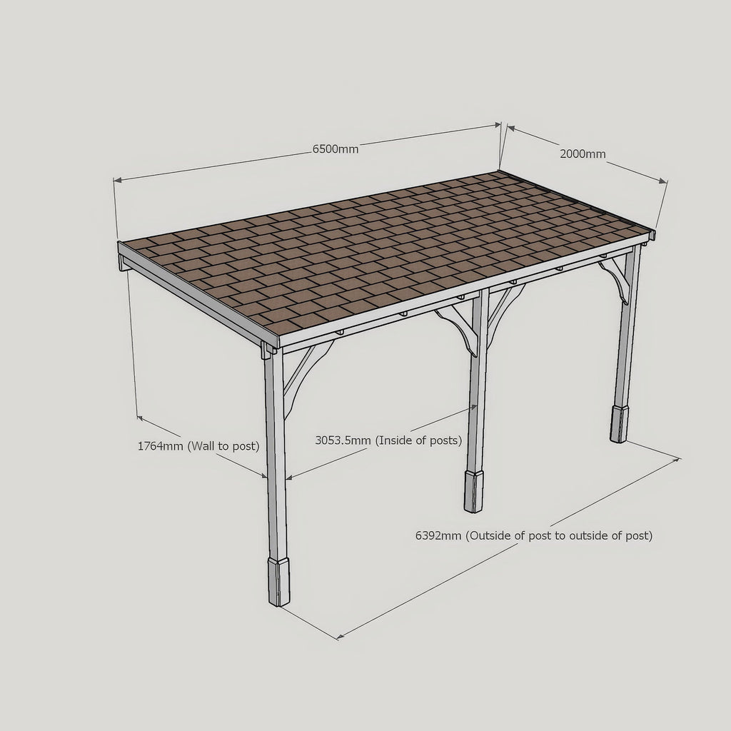 Wall Mounted Felt Shingle Roof Carport - Rustic Brown - 2m Depth x 6.5m Width