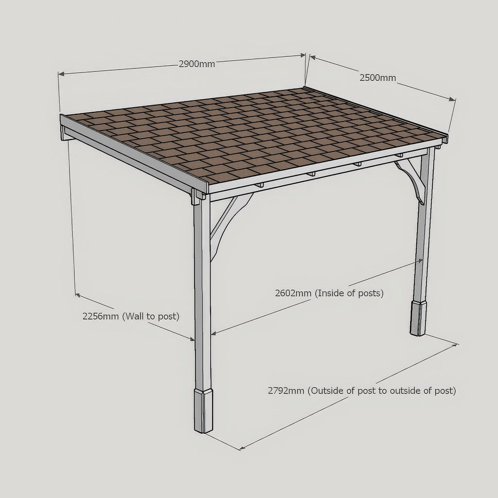 Wall Mounted Felt Shingle Roof Carport - Rustic Brown - 2.5m Depth x 2.9m Width