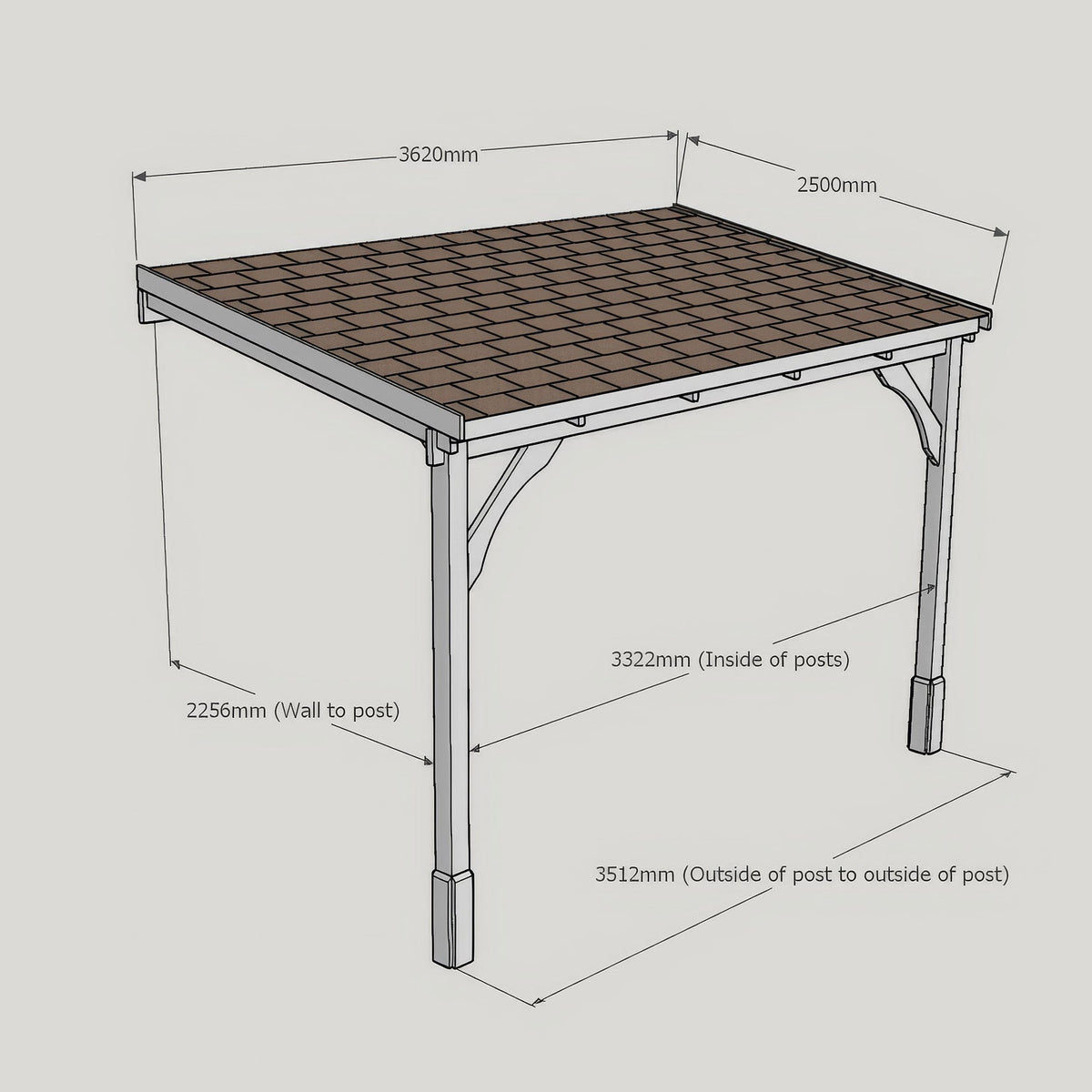 Wall Mounted Felt Shingle Roof Carport - Rustic Brown - 2.5m Depth x 3.62m Width
