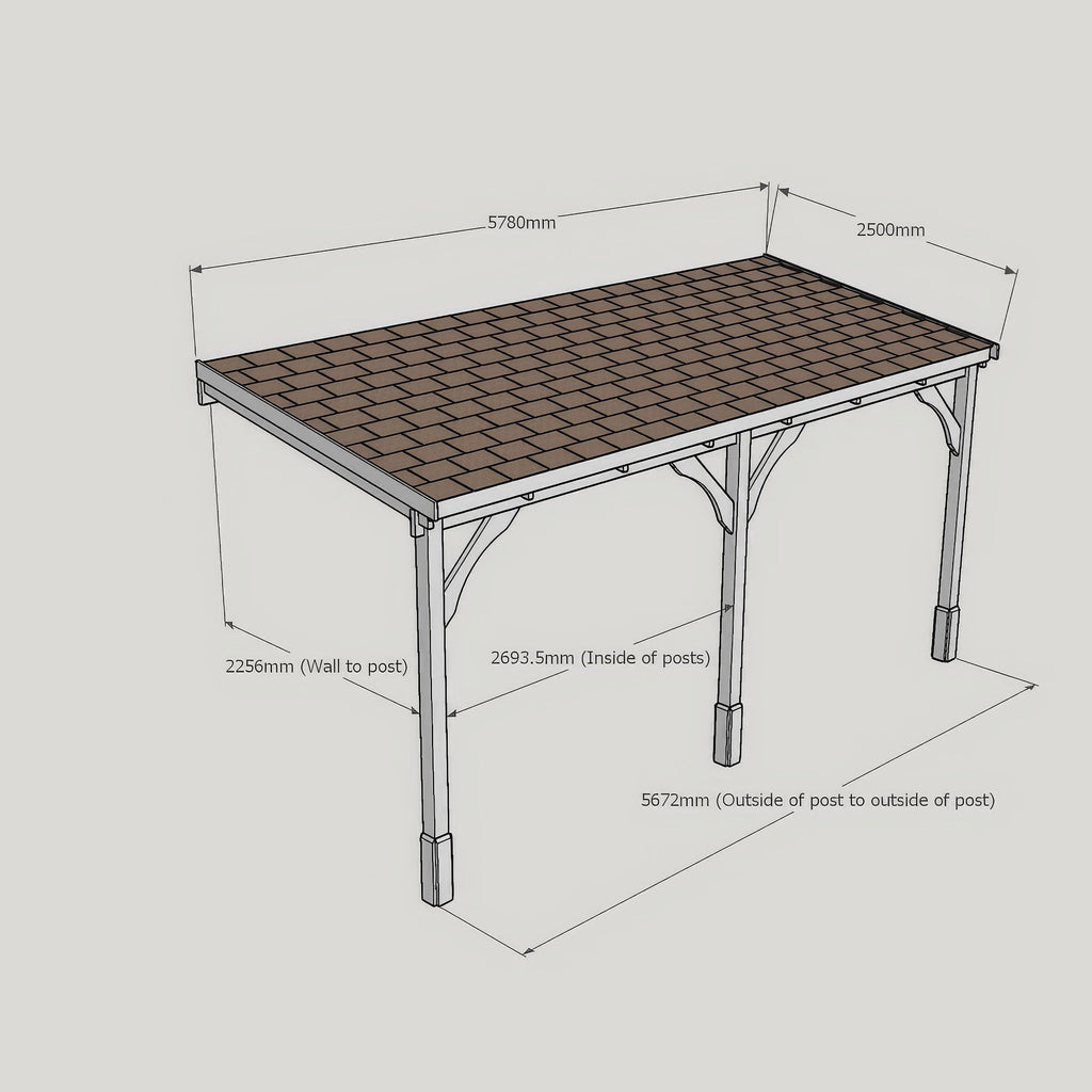 Wall Mounted Felt Shingle Roof Carport - Rustic Brown - 2.5m Depth x 5.78m Width