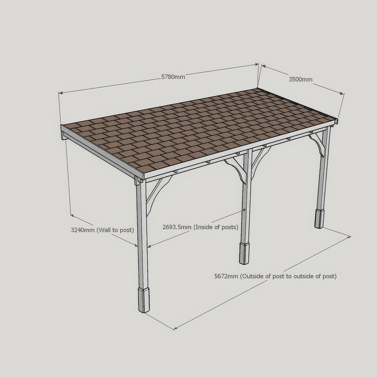 Wall Mounted Felt Shingle Roof Carport - Rustic Brown - 3.5m Depth x 5.78m Width