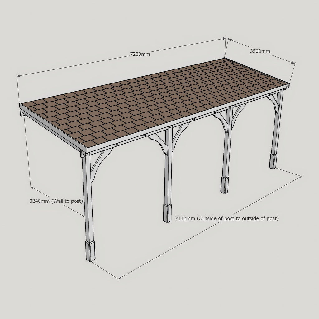 Wall Mounted Felt Shingle Roof Carport - Light Green - 3.5m Depth x 7.22m Width