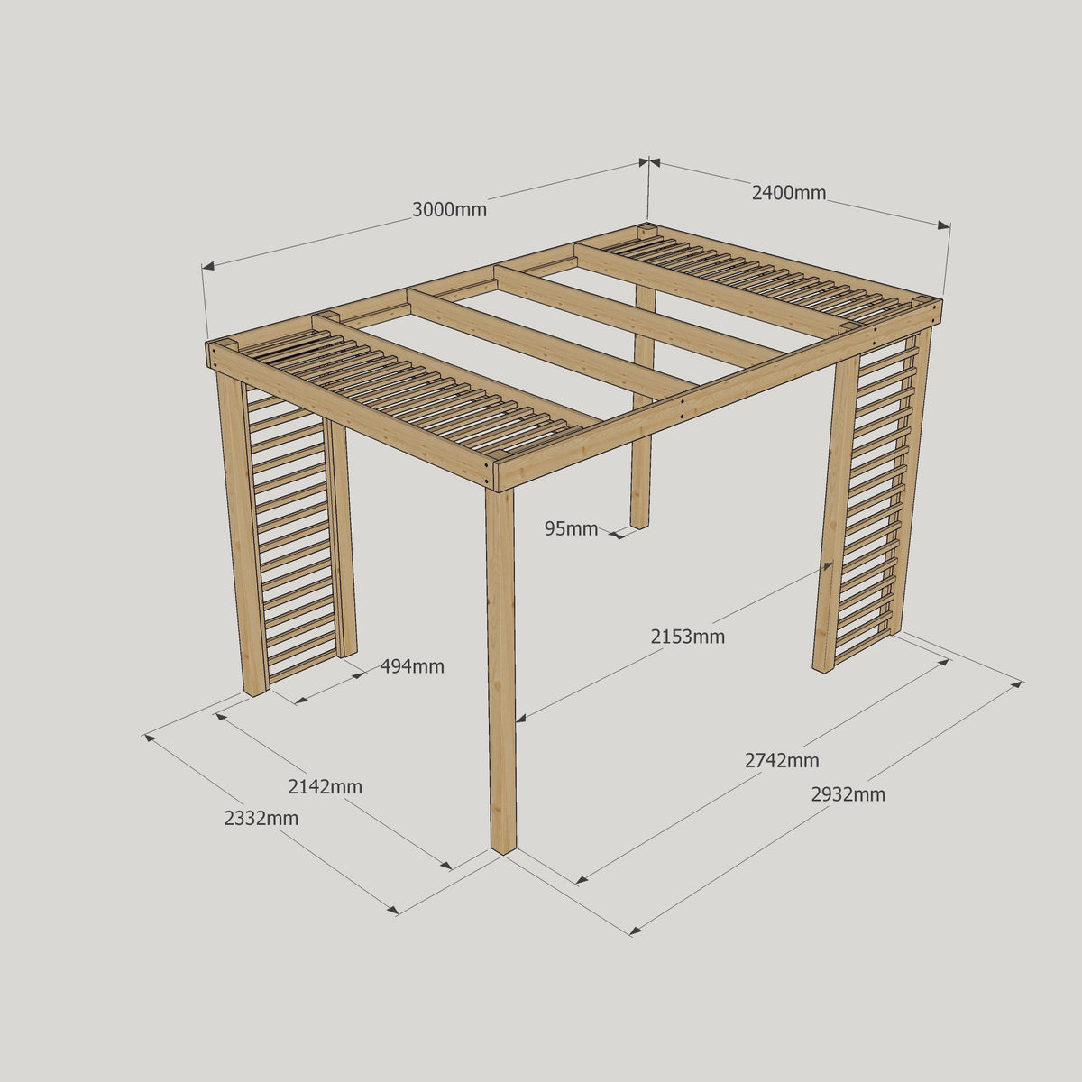 Freestanding Panel Pergola - Rustic Brown - 2.4m Width x 3m Length